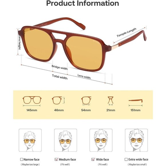 Women\'s Brown Yellow Trendy Rectangle Retro Aviator Sunglasses Elegant Frame main image 4